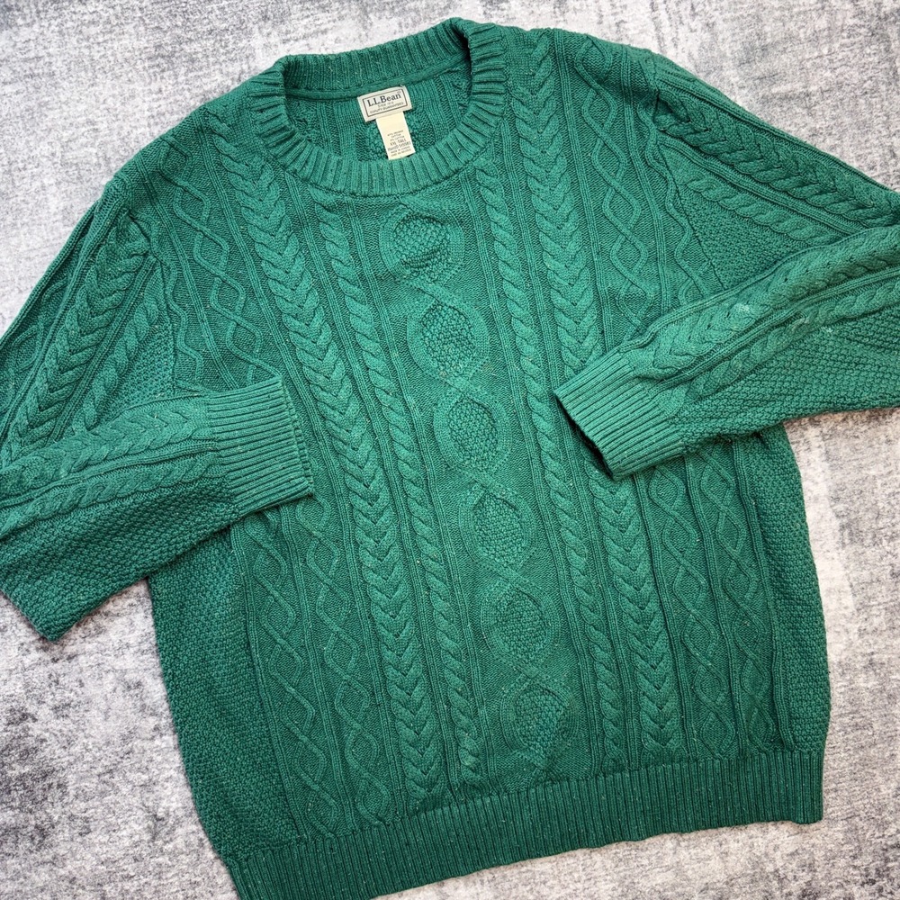 LL Bean Sweater Mens 2XLT Green Heritage Soft Cotton Fisherman Cable Knit Crew